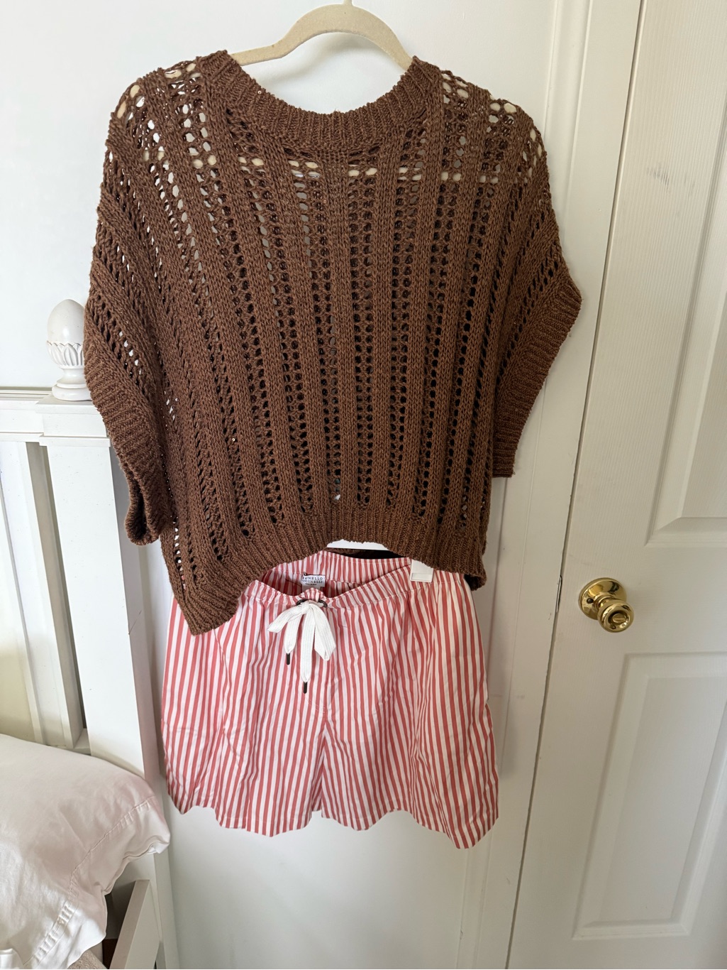 Brunello Cucinelli Linen Blend Sequins Embellished Brown Open-Knit Sweater Sz M